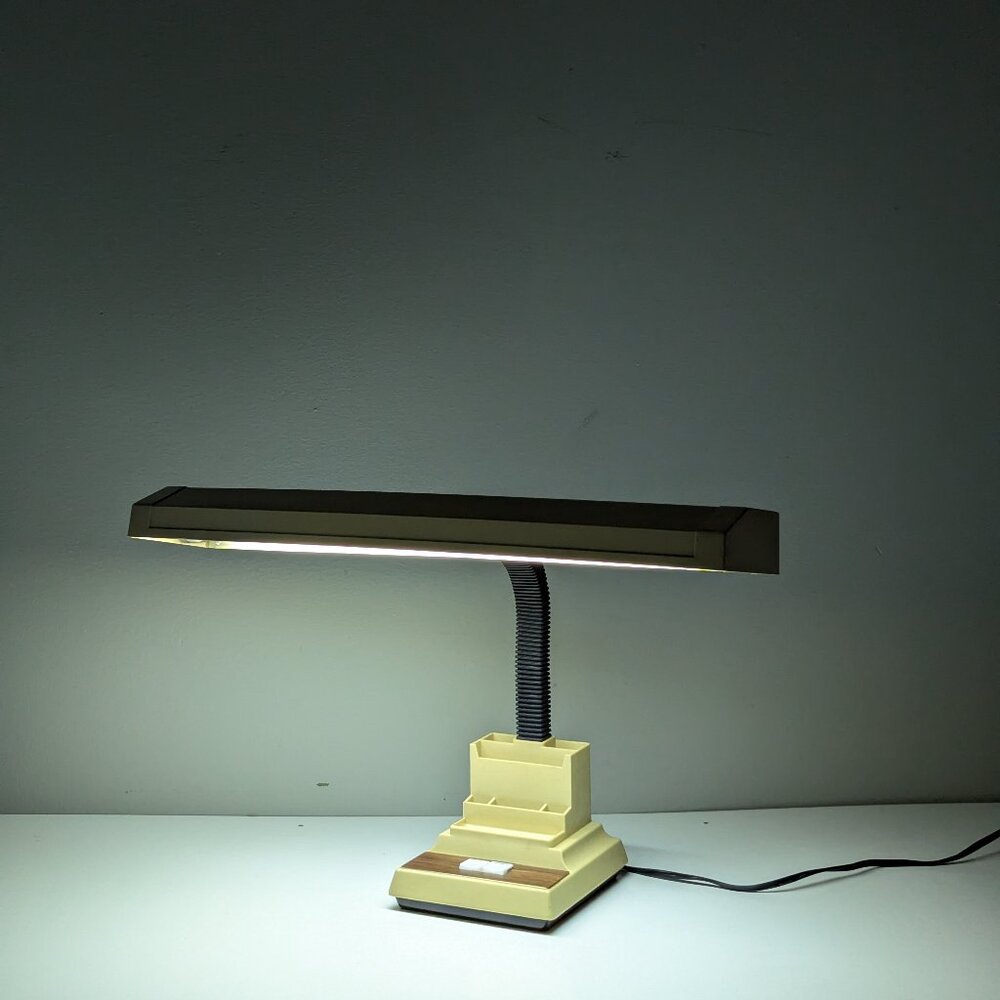 Vintage Beige Adjustable Gooseneck Fluorescent Desk Lamp with pen storage